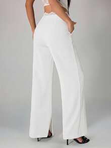 SHEIN PETITE Quần ống rộng màu đen ren xuyên thấu dành cho nữ, quần tây công sở lịch sự, thích hợp cho mùa xuân và mùa hè. - trắng - Xem 3