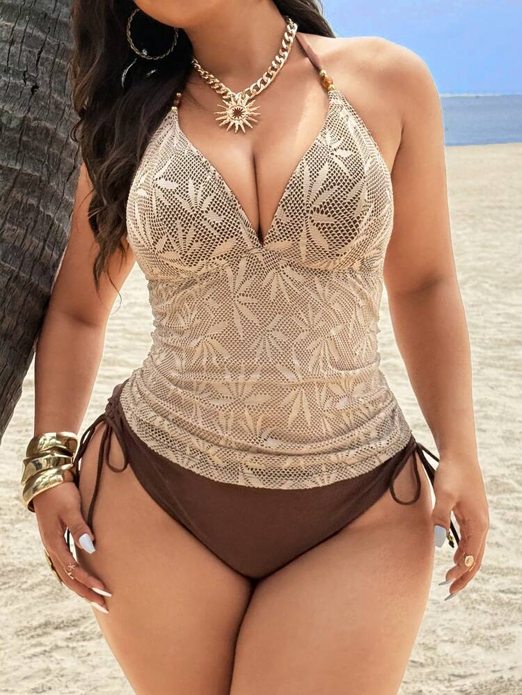 SHEIN Swim Lushore Bộ đồ bơi 2 mảnh thanh lịch, kín đáo dành cho nữ cỡ lớn năm 2026, màu cà phê, thích hợp cho kỳ nghỉ xuân/hè. - Cà phê nâu - Xem 3