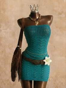 Elin Vora Women's Summer Knitted Dress,Teal Strapless Hollow-Out Waist Mini Sweater Beach Vacation Holiday Dress,Boho Tropical Vacation Holiday Autumn - Blue - View 3