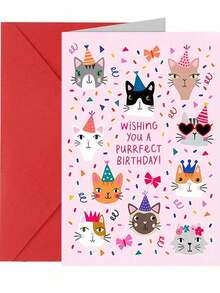 1pc Cute Cat Design Birthday Greeting Card, Suitable For Cat Lovers To Send To Family, Partner, Friends, And Colleagues (Random Envelope Color Included) Back To School,Back To School,School Supplies - pink - View 7