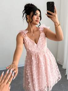 Elenzga Plus Size Women Elegant Woven Bowknot Strap Double Layer Jacquard Dress - Pink - View 2