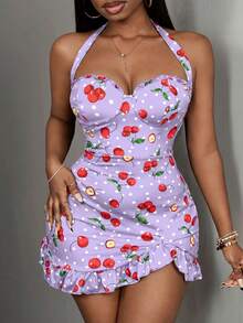 Slaydiva Vestido ajustado mini con estampado de cerezas 2025 nuevo - Púrpura malva - Ver 6