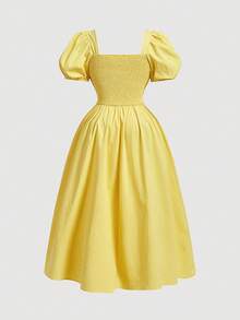 SHEIN MOD Đầm vàng cổ vuông cỡ lớn, thích hợp cho kỳ nghỉ thoải mái, trang phục thanh lịch hàng ngày, trang phục du lịch, phong cách tươi sáng, thiết kế phá cách. - Màu vàng - Xem 3