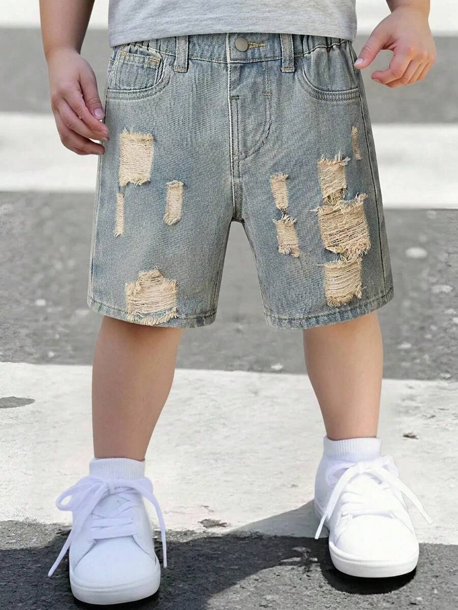 SHEIN Mirajuku Young Boy's Summer Casual Distressed Slant Pocket Denim Shorts - Light Wash - View 1