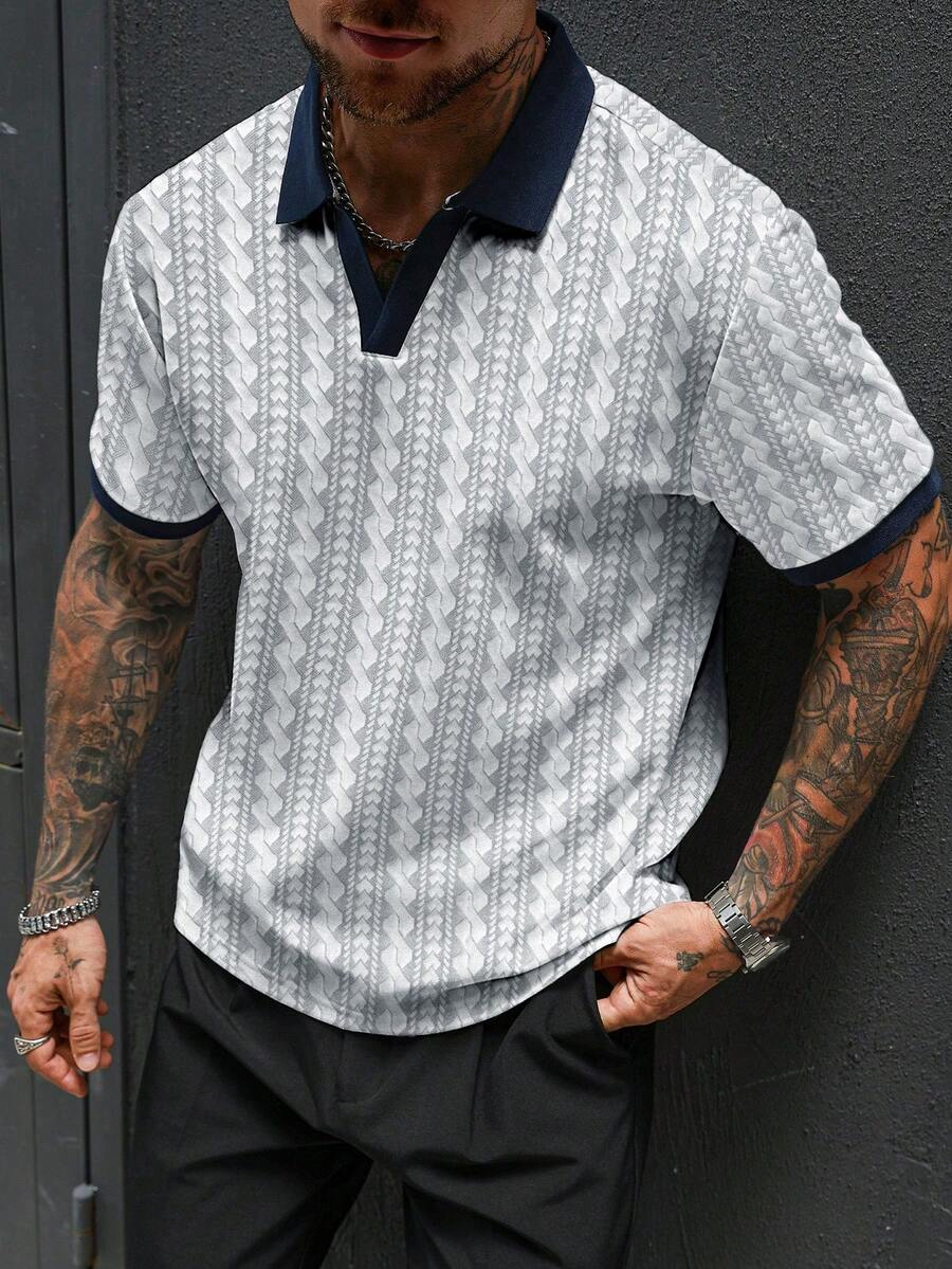 Manfinity CasualCool Áo Polo nam tay ngắn, phối viền tương phản, in họa tiết toàn thân, kiểu dáng thường ngày. - Màu xám đen - Xem 1