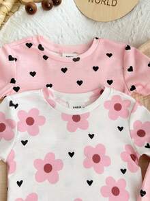 SHEIN 4件套可爱休闲针织女童爱心花朵图案短袖家居服套装 - 粉色 - 查看 8