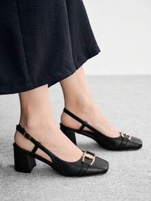 CUCCOO BIZCHIC 女士搭扣设计日常通勤黑色方头高跟露跟鞋 - 靜夜黑色 - 查看 4