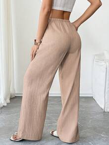 Flirla Petite Women's Casual Drawstring Elastic Waist Pocket Pants - Beige - View 2