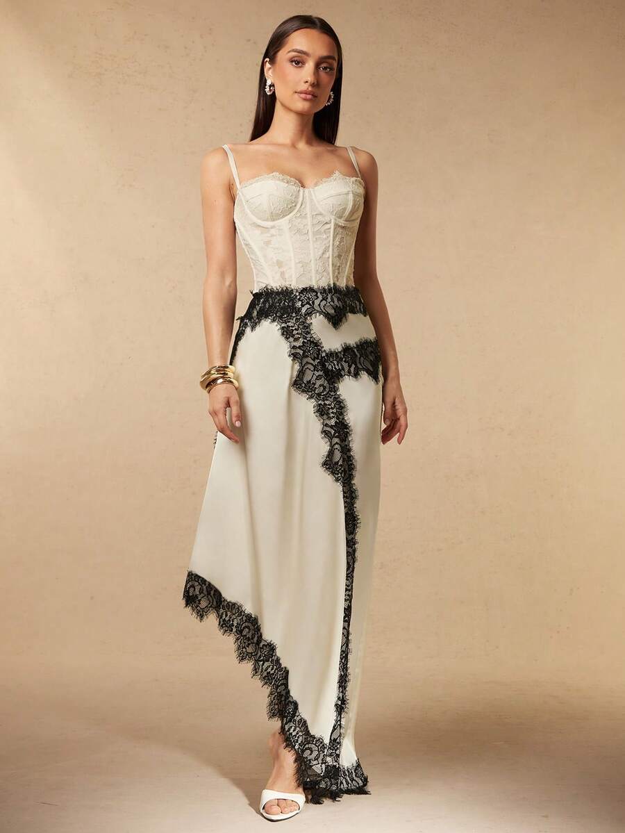 Silquee Women's Elegant Romantic Off-White Satin Skirt,Asymmetrical Lace Hem Autumn Party Skirt For Vacation,Date,Prom,BridesmaidFormal Occasion - Apricot - View 1
