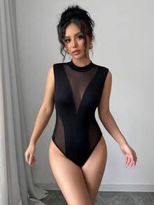 SHEIN Raffinéa 女款黑色網格拼接無袖連身衣，圓領修身夏季連身衣，性感時尚派對夜生活，Y2K休閒海灘百搭 - 黑色 - 查看 3