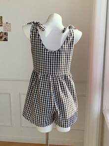 SHEIN EZwear 黑白格子休闲度假露背连体裤 - 黑與白 - 查看 3