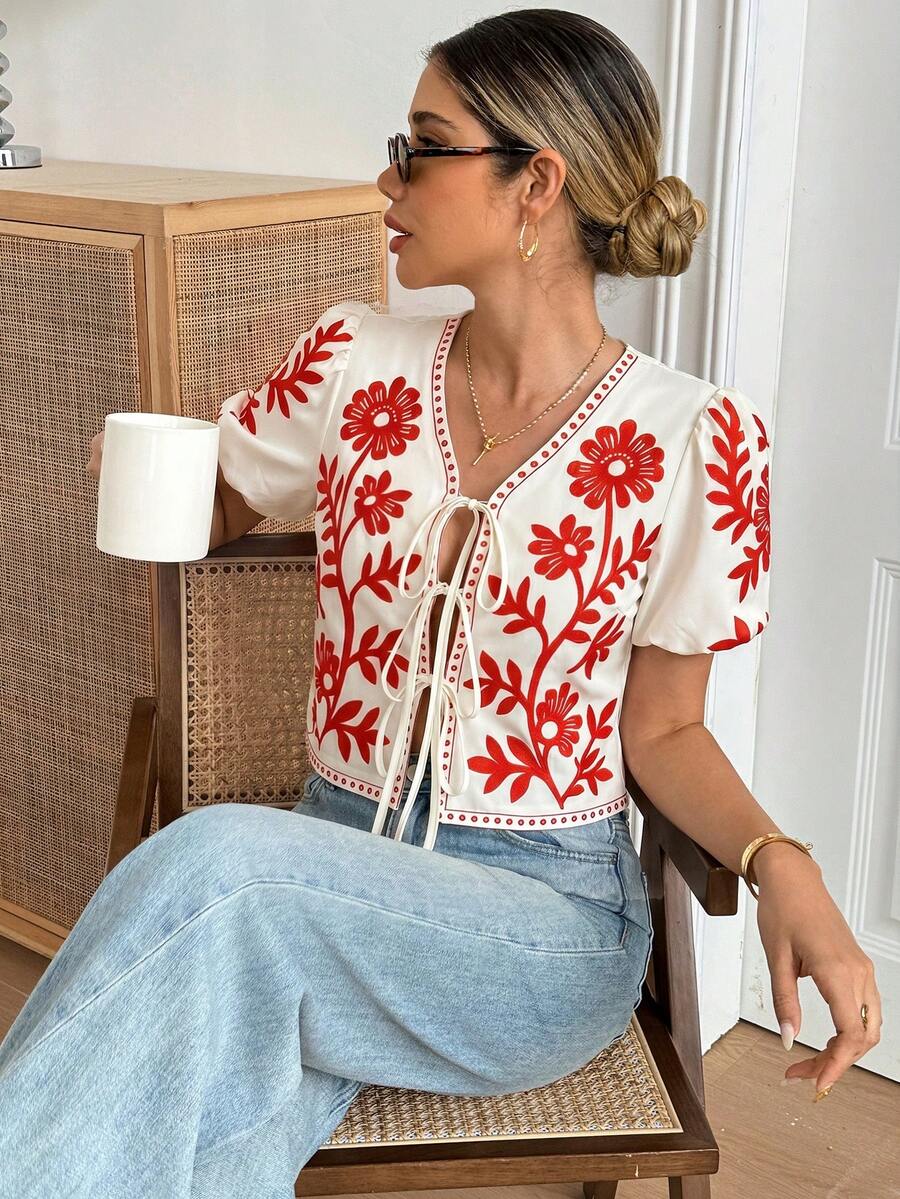 Elyressa Women's Red Locating Floral Print V-Neck Asymmetrical Front Tie Decor Puff Sleeve Loose Blouse