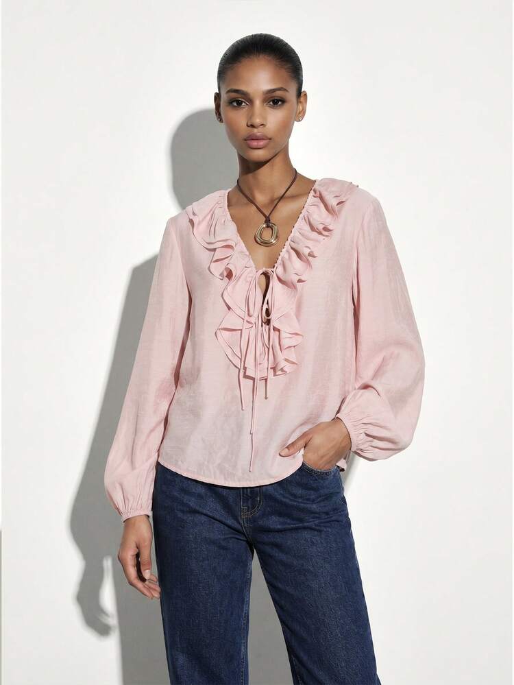 KSTM Ruffled Deep V Neck Long Sleeve Tie Front Peasant Blouse With Gathered Cuffs