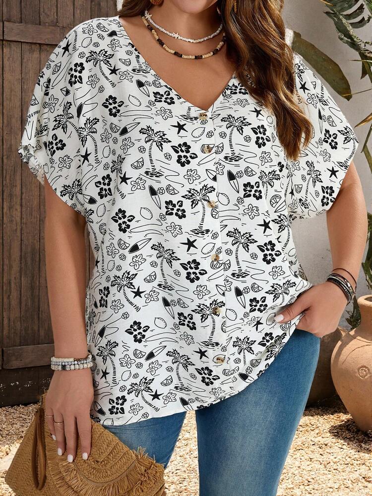 Plus Size Women's Orange Button Embellished Short Sleeve Shirt For Spring Summer Tops Summer Outfit For Women Beach Outfits For Women Beach Outfits