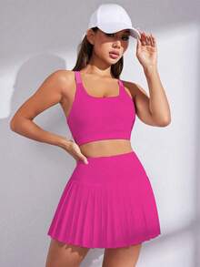EMERY ROSE 2pcs Women Plain Minimalist Casual & Sports Set Workout Women Set Women Workout Set Gym Women Outfit - Hot Pink - View 5