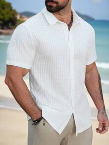 VENTUSAIL Men's White Summer Casual Short Sleeve Shirt,Loose Fit Textured Button Up,Suitable For Vacation Holiday,Daily Wear,Old Money Style Gift For Boyfriend - White - View 1