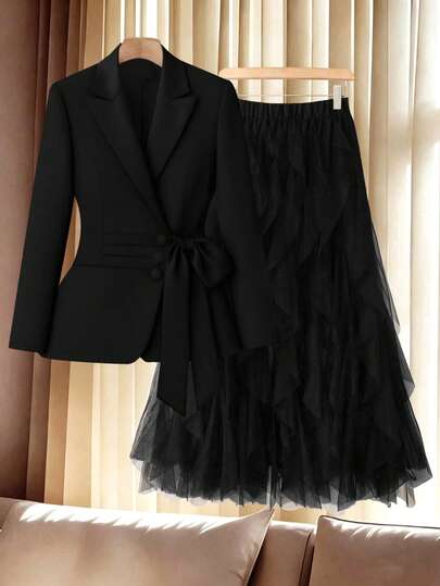 GlowEve CURVE Conjunto de blazer y falda de malla de unicolor con cuello pico elegante para mujer de talla grande, adecuado para la oficina y el tránsito en primavera/otoño