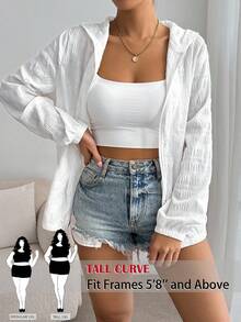 SHEIN Tall CURVE 大尺碼女款輕便連帽長袖外套，純色，返校季，秋季，教師，白色外衣，機場隨性風 - 白色 - 查看 9