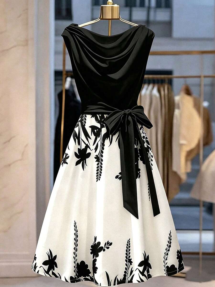 GlowEve Positioned Floral Print Draped Neck Color Block Butterfly Tie Wrap Dress - Black and White - View 1
