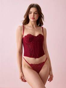 Bonmuse 1件蕾丝文胸性感露脐上衣，女士夜店派对上衣，带扣 - 酒紅色 - 查看 4