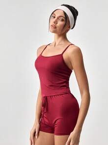 Loungeista Bộ đồ ngủ nữ kiểu áo hai dây tối giản thường ngày - Màu Đỏ Sâu - Xem 6