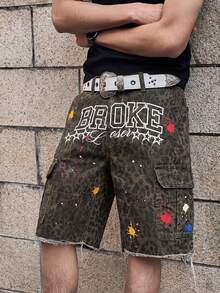 Manfinity EMRG Quần short denim nam in chữ và họa tiết da báo, túi hộp, gấu quần rách. - Nhiều màu - Xem 4