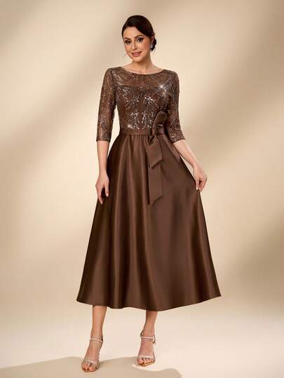 Serin Women's Elegant Luxurious Coffee-Colored Round Neck 3/4 Sleeve Dress With Bow Waist Belt, A-Line Silhouette, Suitable For All Formal Occasions, Bridal Mother Dress
