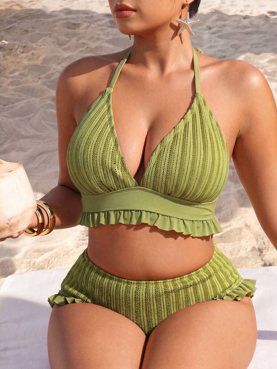 Elaquor Conjunto de bikini de talla grande con volantes, unicolor, con abertura lateral - Verde - Ver 1