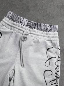 SLATEMANN Quần short nam dáng rộng hai lớp, in chữ, cạp chun, kiểu dáng thường ngày, thích hợp mặc mùa hè. - Màu Xám nhạt - Xem 3
