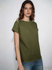 Lumivelle Camiseta casual de mujer de cuello redondo y botones de unicolor, primavera/verano - Verde - Ver 7