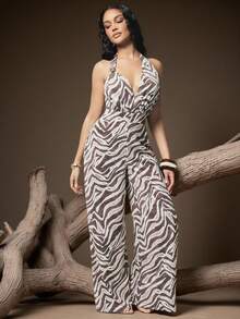 SHEIN Haute Bộ jumpsuit hở lưng, cổ yếm, in họa tiết toàn thân, gợi cảm, thích hợp cho mùa hè. - Nhiều màu - Xem 4