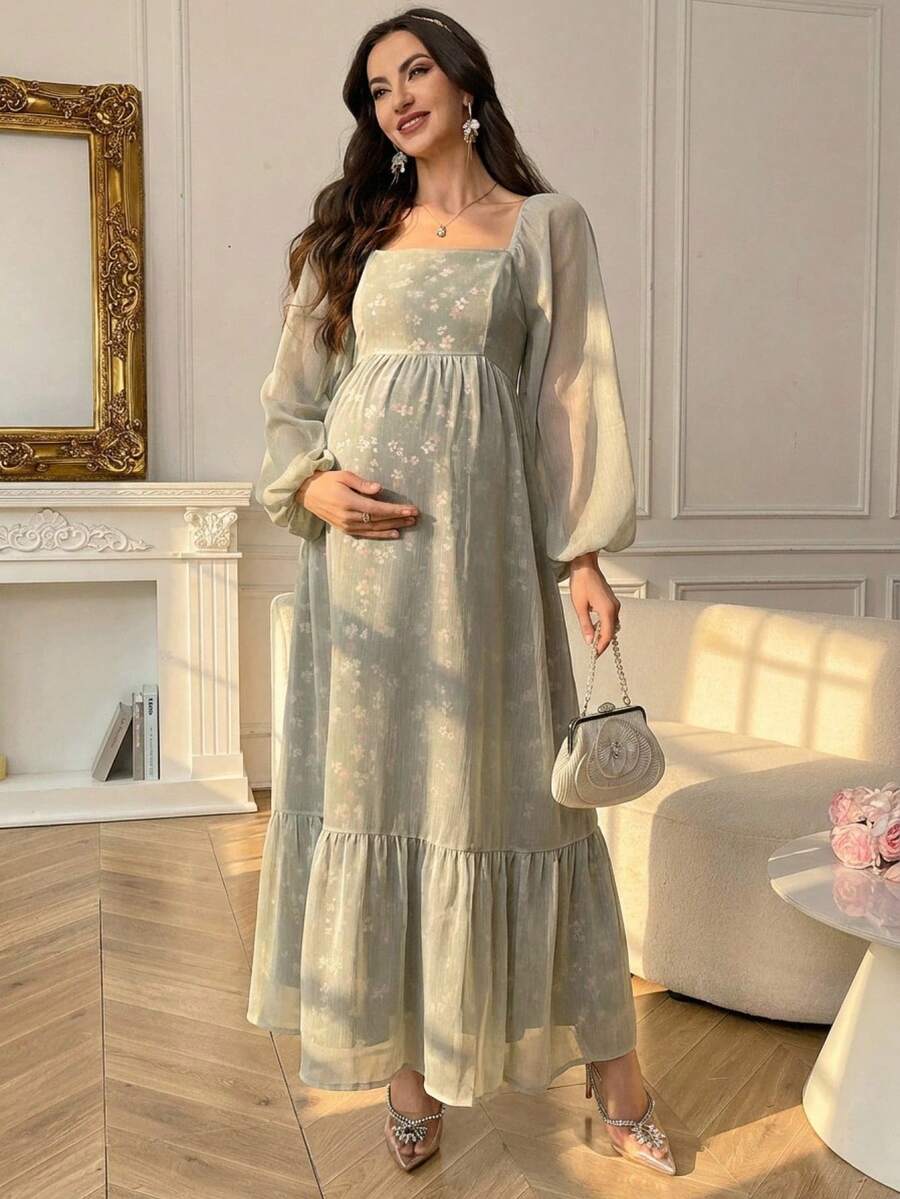 SHEIN 孕妇碎花印花方领荷叶边下摆优雅长袖连衣裙 - 彩色 - 查看 1