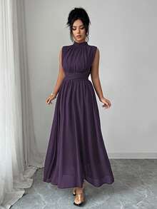 Elenzga Women's Dark Purple Summer Elegant Wedding Chiffon Maxi Dress,French Stand Collar Criss-Cross Tie Waist A-Line Sleeveless Lined Party Dress - Bold Plum - View 8