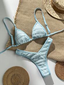 Bonvoyette 女士提花面料挂脖高衩比基尼套装，春夏款 - 藍色 - 查看 3