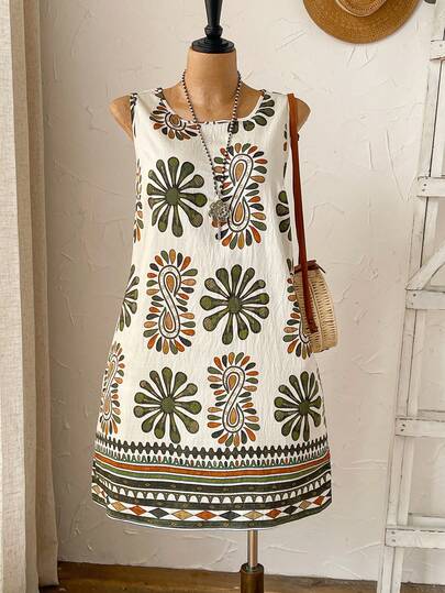 Rusticease Vestido casual sin mangas con estampado floral para mujer de talla grande