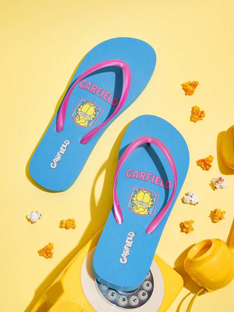 GARFIELD | SHEIN 女士夾腳拖鞋,夏季可愛童趣印花拖鞋,度假海灘戶外穿著,舒適腳感時尚穿搭 - 天藍色 - 查看 1