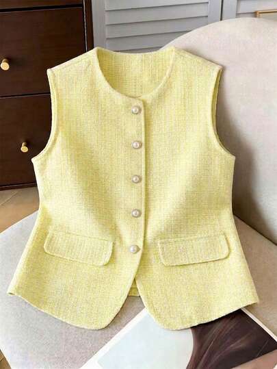 SHEIN Áo ba lỗ ngắn không tay thanh lịch, kiểu dáng thường ngày dành cho bé gái tuổi teen, cài khuy ngọc trai vàng, màu trơn, thích hợp cho mặc hàng ngày, đi nghỉ mát, họp mặt gia đình và các dịp khác.