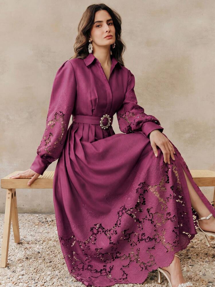 Women's New Fashionable Elegant Valentine's Day, Women's Day, Mother's Day, Birthday Date Hollow Embroidery Light Green Shirt Dress