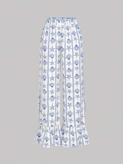 SHEIN MOD Quần nữ thường ngày in hình sao biển và vỏ sò, ống rộng xếp ly.