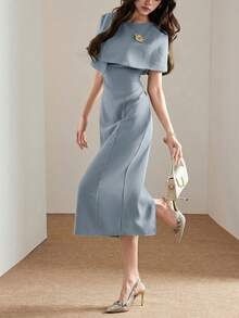 Heiryn Women's Solid Color Metal Decor Fitted Elegant Dress,Dresses For Women Summer - Blue - View 4