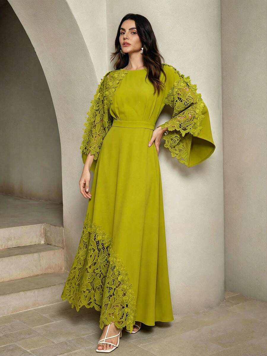 Anewsta Nouvelle robe élégante à manches chauve-souris en patchwork de dentelle pour femmes, collection printemps/été - Vert olive - Voir 1
