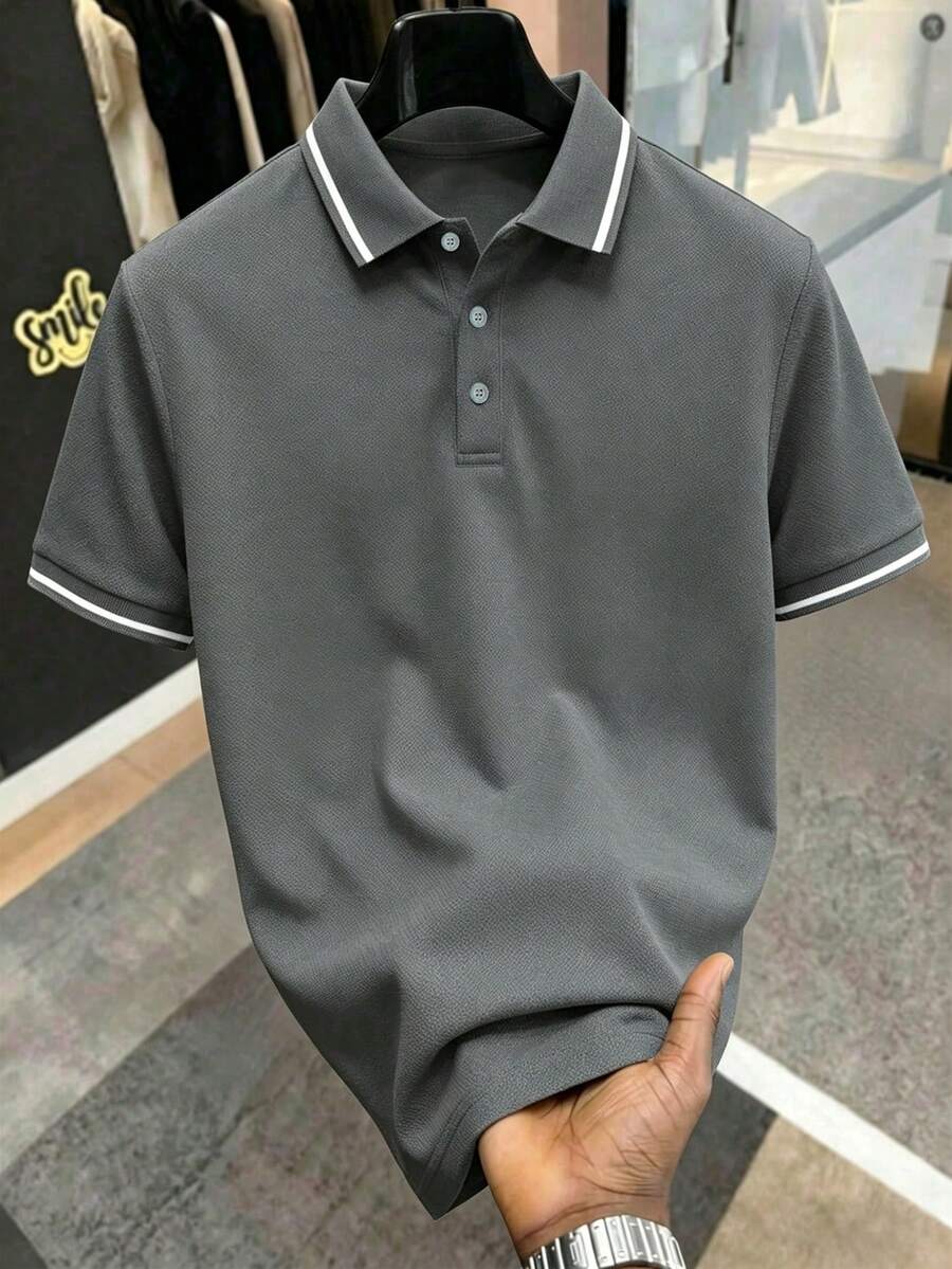 Manfinity Homme 男士對比飾邊 Polo 衫,正式款 - 灰色 - 查看 1