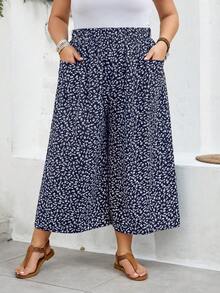 SHEIN CURVE+ Große Größen US22 Musikfestival, Strandurlaub, Boho Ditsy Blumen Weite Bein Lässig Palazzo Hose - marineblau - Übersicht 4