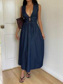 SHEIN Tall Đầm denim không tay cổ chữ V sâu gợi cảm dành cho nữ, thắt dây. - Rửa tối - Xem 7