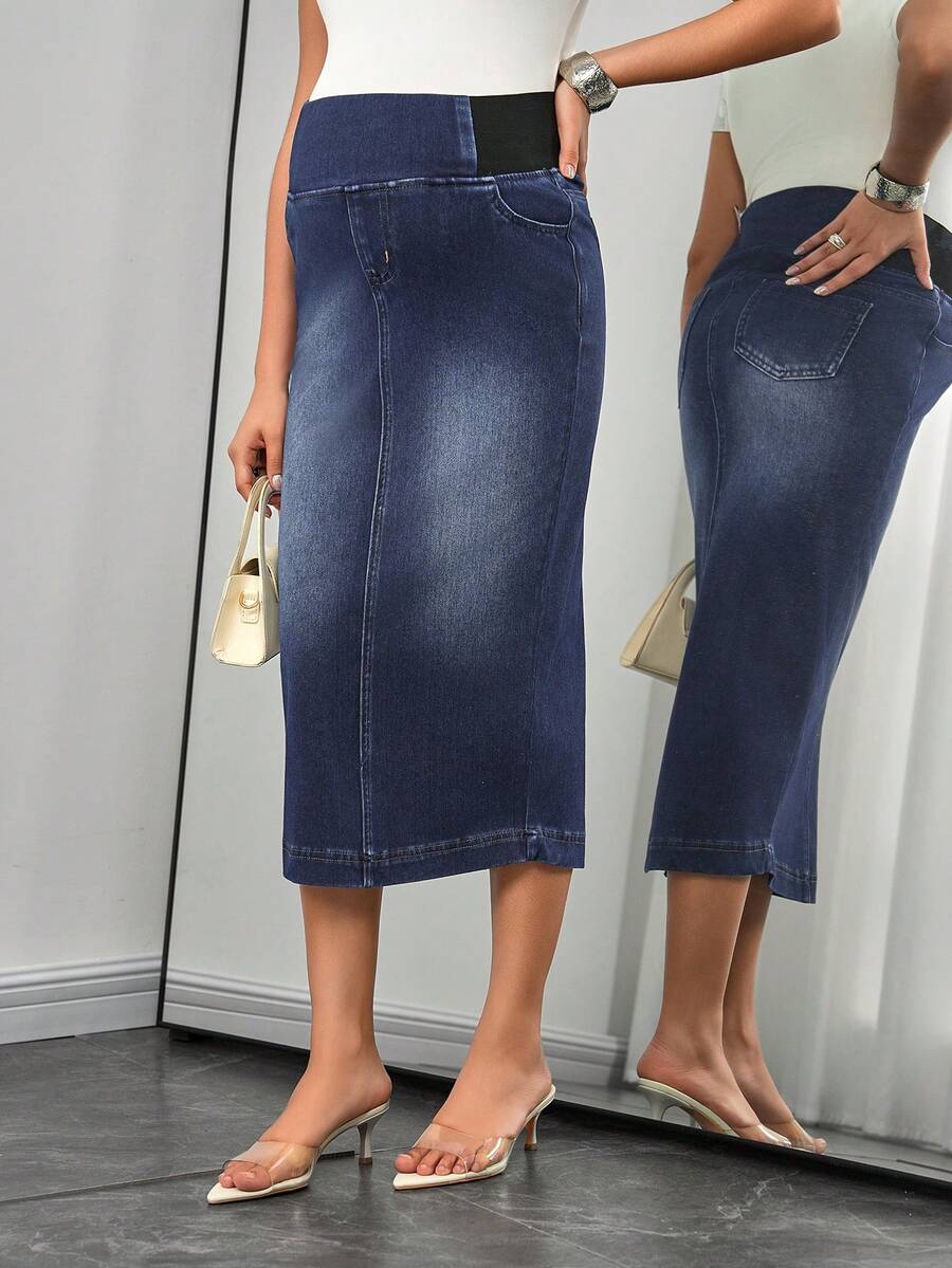 SHEIN Maternity Navy Blue Summer Casual Everyday Women's Four-Way Stretch Denim Skirt,Long Pencil Midi Jean Skirts For Pregnant Women With Pockets - Dark Wash - View 1