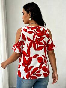 Maweii Plus Size V-Neck Off-Shoulder Short Sleeve All-Over Print Casual Shirt - Red - View 3