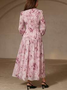 BELROSIE Vintage Polka Dot V-Neck Slimming Elegant Tie-Front Long Sleeve Chiffon Dress - Pink - View 2