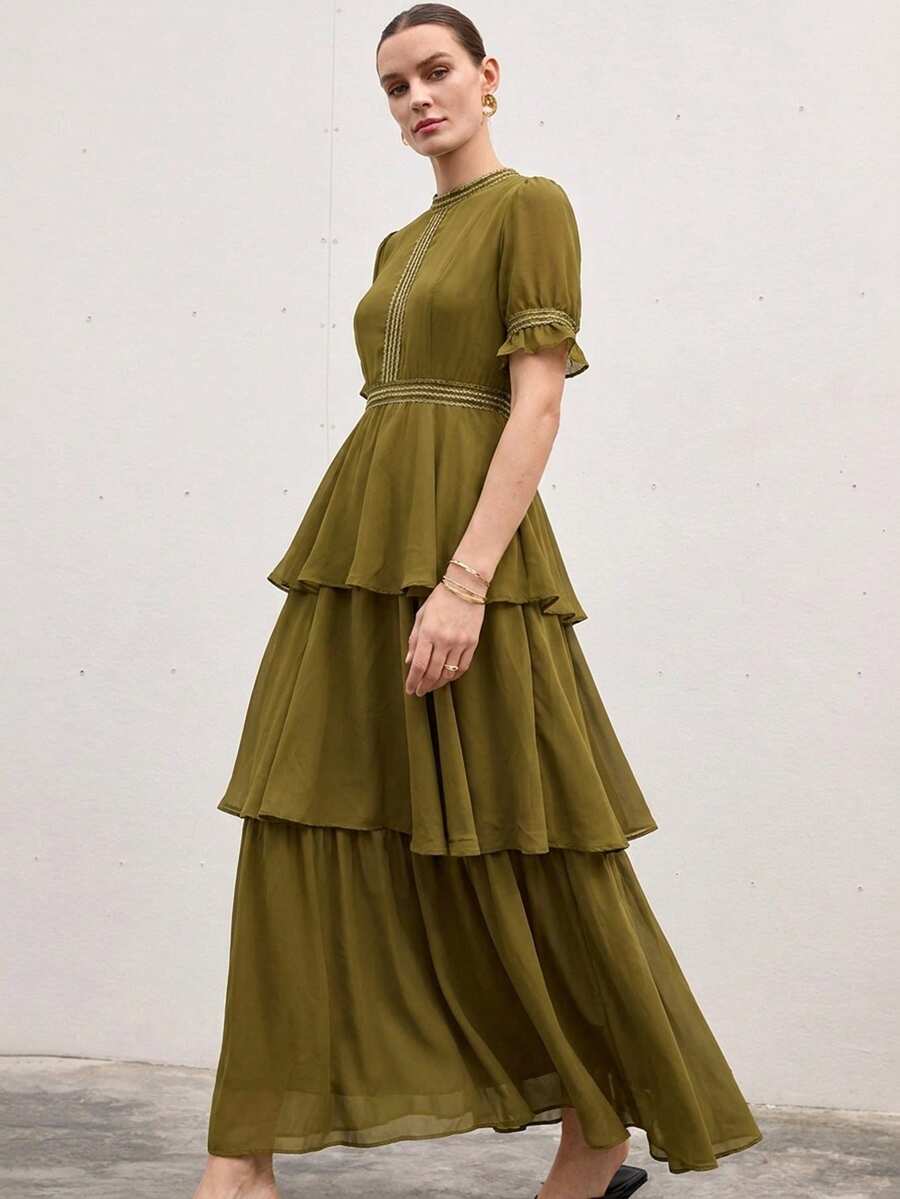 Aveloria Modichic New Arrival French Hollow Floral Lace Patchwork Multi-Layer Flared Dress, Chiffon Printed Short Sleeve Dress - Green - View 1