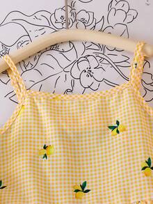 Elladie kids Tween Girls' Spaghetti Strap Dress,Red And White Plaid,Summer,Cute,Vacation,Holiday,Yellow & White Plaid+Lemon Print,Big Bow Back,Fluffy Skirt,Sweet - Yellow - View 3