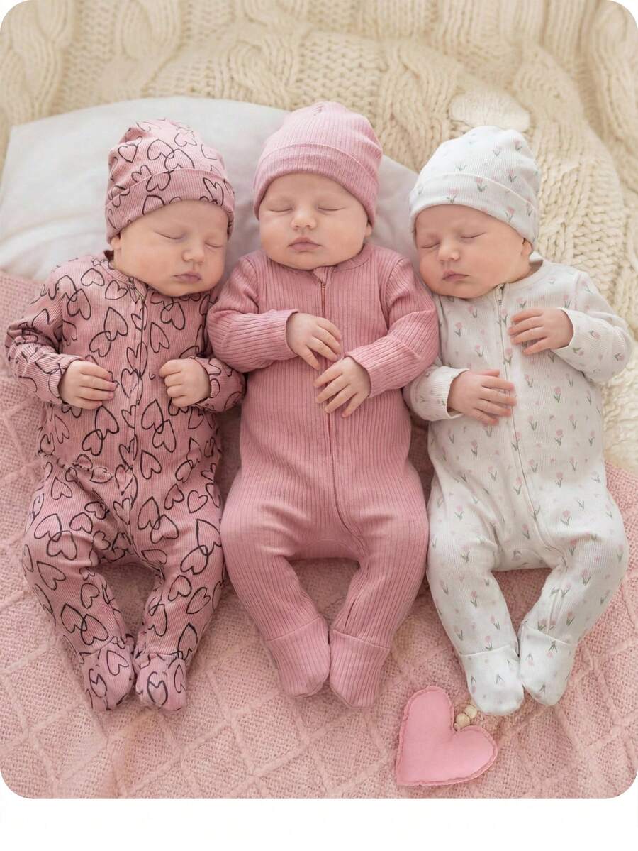 Conjunto de 3 piezas de pelele con cremallera con estampado floral y de corazón para recién nacido, minimalista y versátil - Rosa - Ver 1